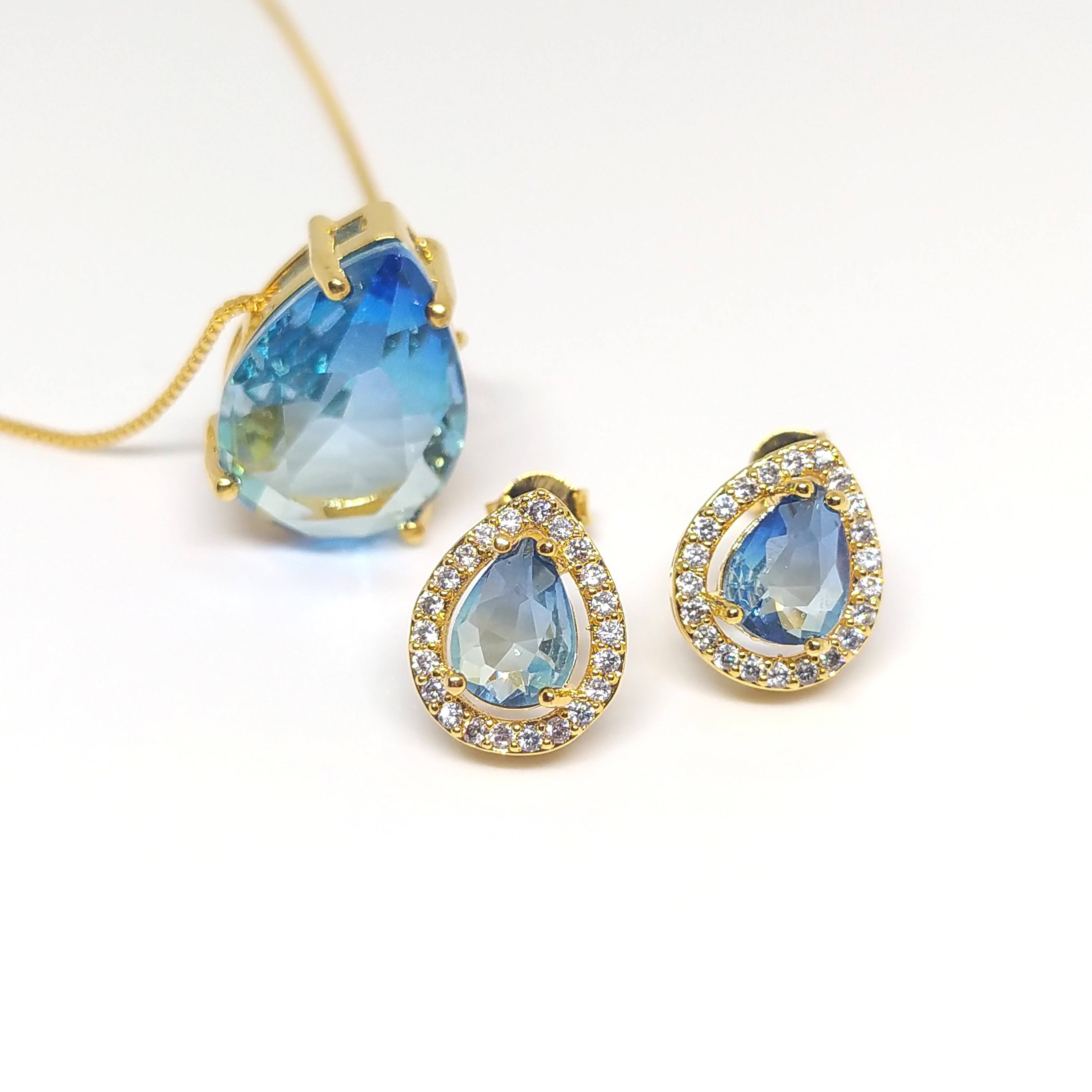 Conjunto brinco e colar zircônia azul banhado em ouro 18k