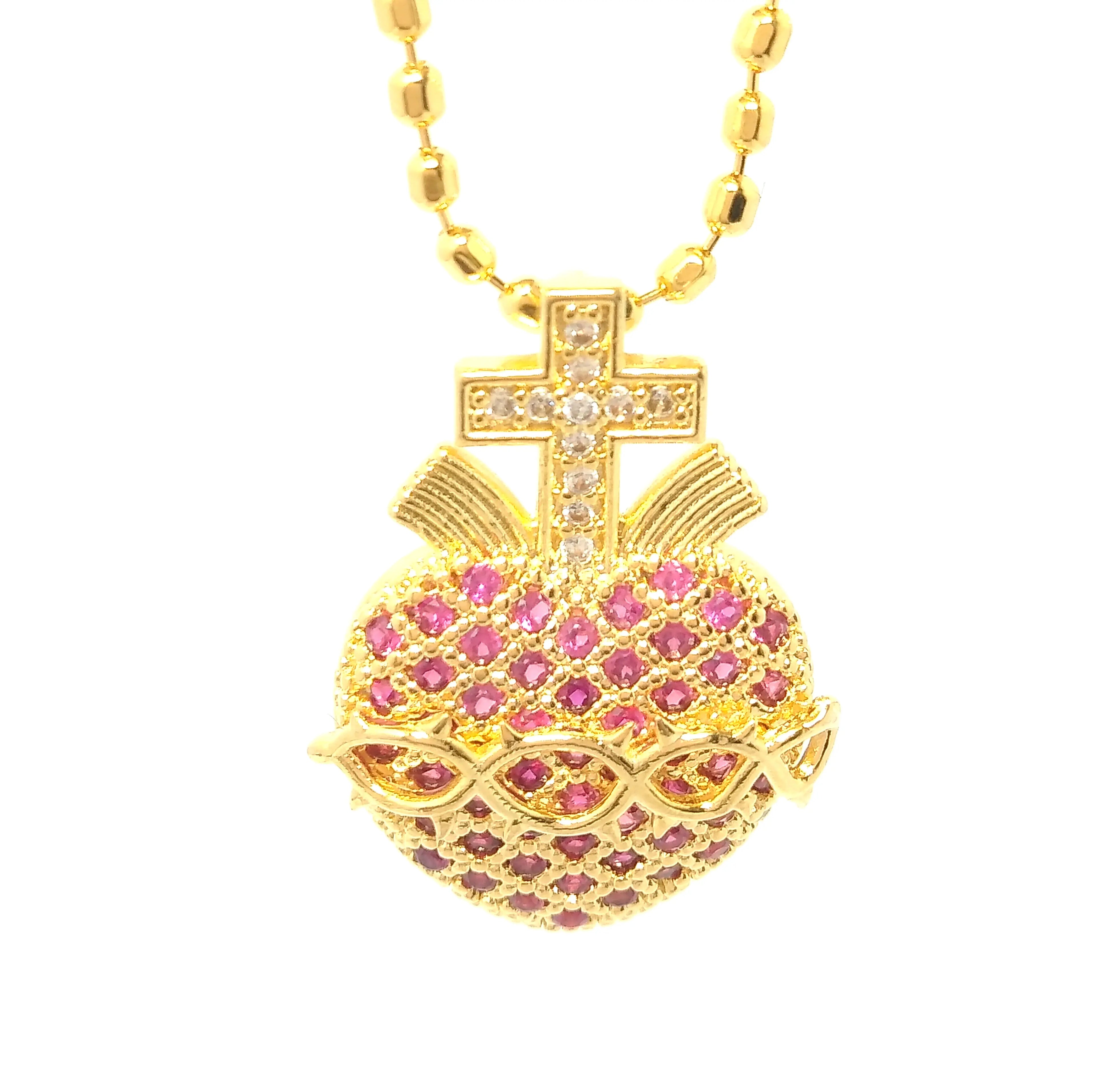 Colar pingente Sagrado Coração de Jesus zircônia pink cristal banhado em Ouro 18k Majuh Semijoias Handmade