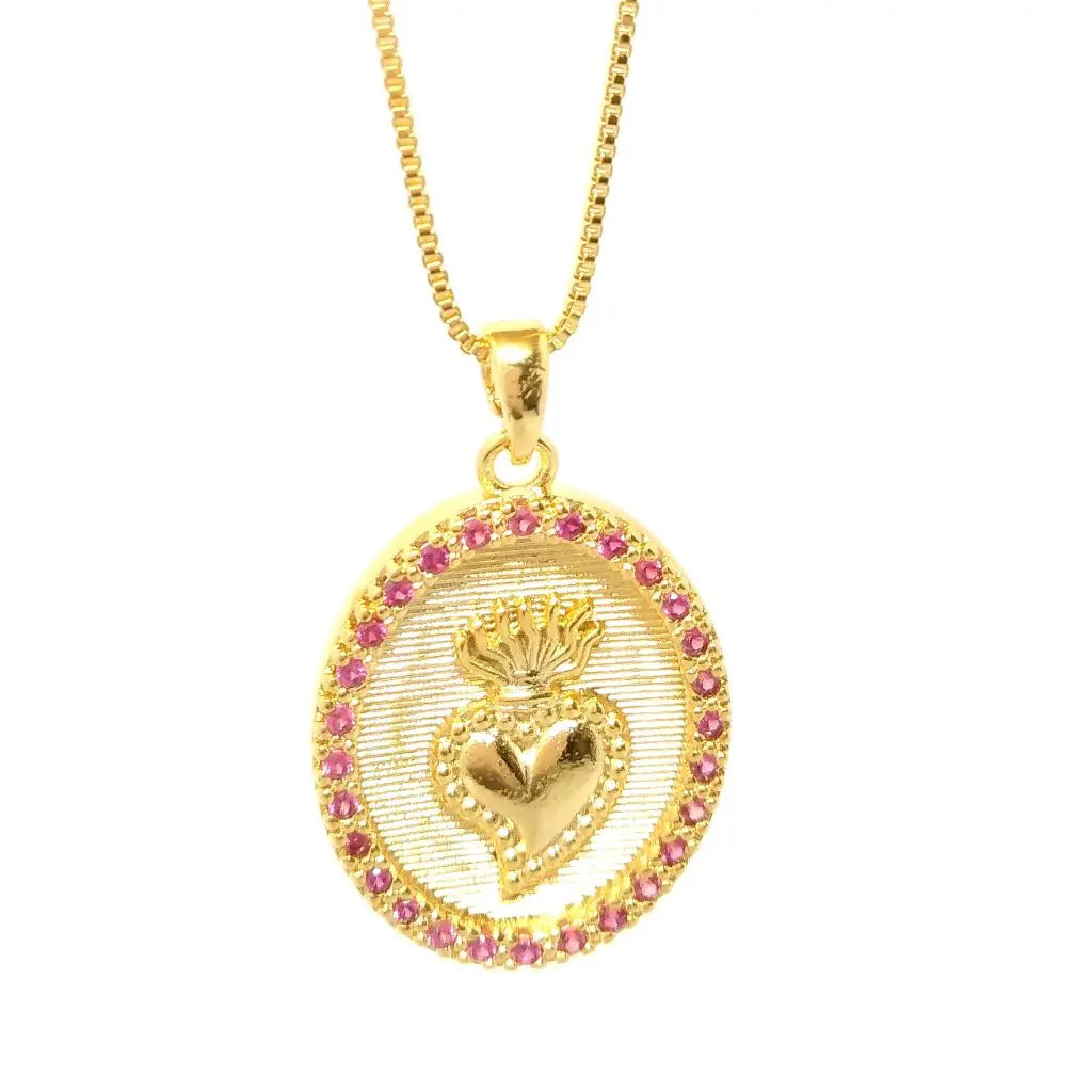 Colar Medalha coração zircônia cristal pink banhado em Ouro 18k Majuh Semijoias Handmade