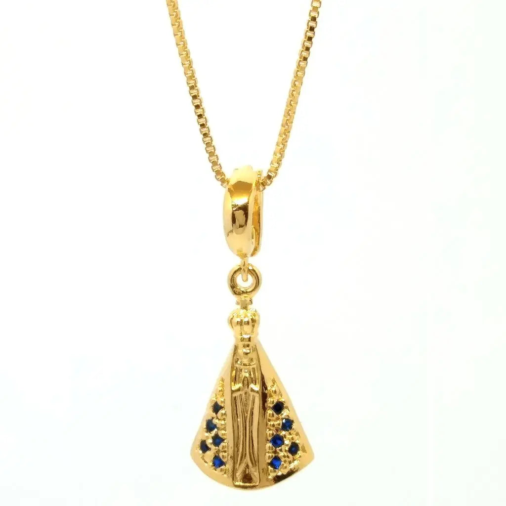 Colar pingente Nossa Senhora pequena zircônia azul banhado em ouro 18k Majuh Semijoias Handmade