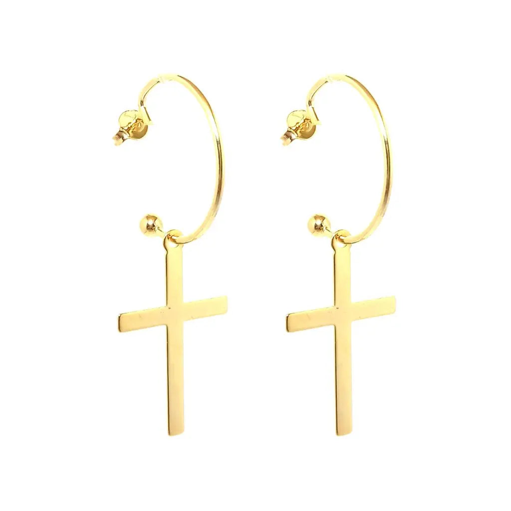 Brinco argola pingente crucifixo médio banhado em Ouro 18k Majuh Semijoias Handmade