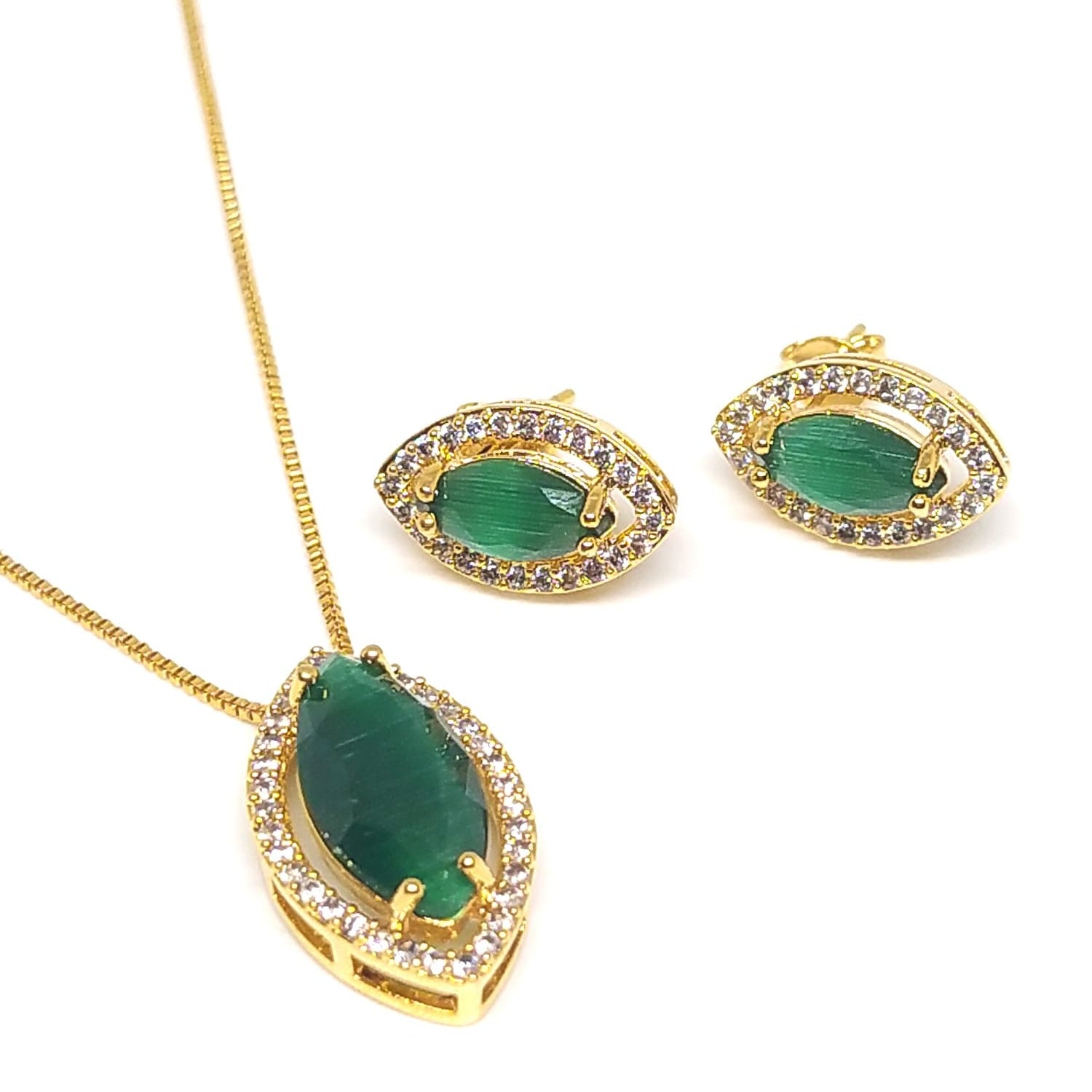 Conjunto colar e brinco zircônia verde esmeralda banhado em ouro 18k