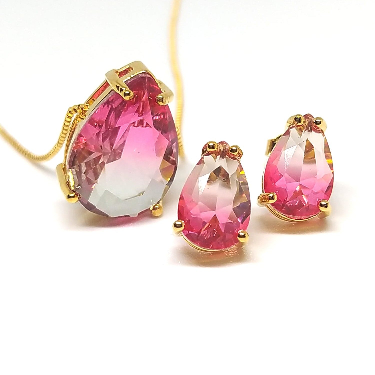Conjunto brinco colar gota zircônia rosa degradê banhado em ouro 18k