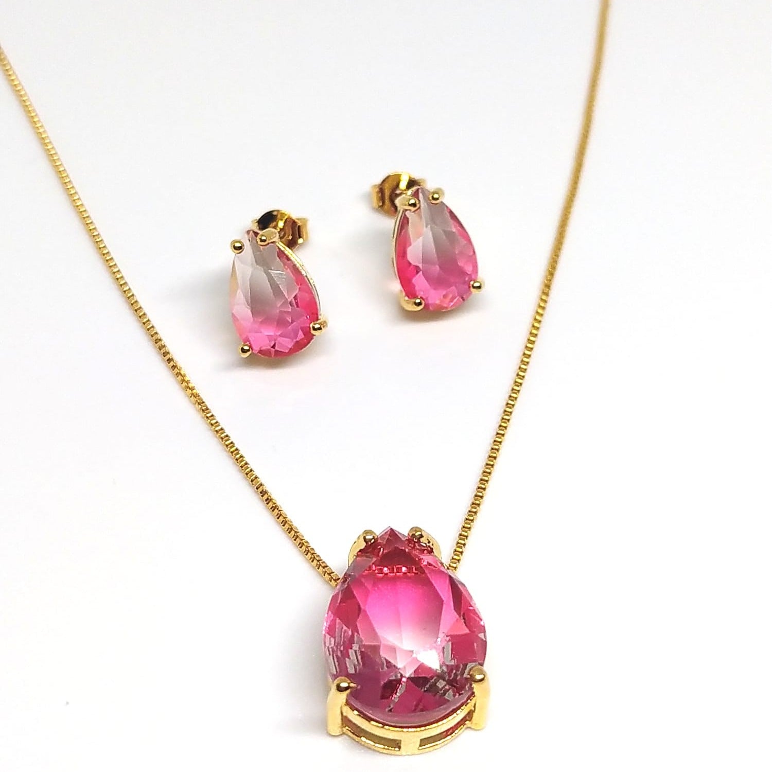 Conjunto brinco colar gota zircônia rosa degradê banhado em ouro 18k